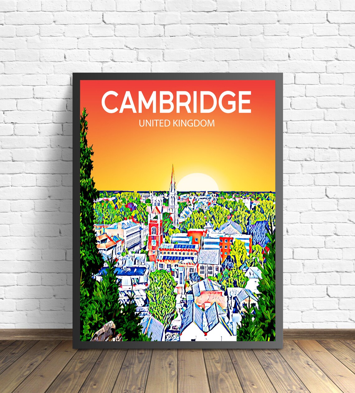 Cambridge United Kingdom Spires Sunset Pop Art City Travel Poster