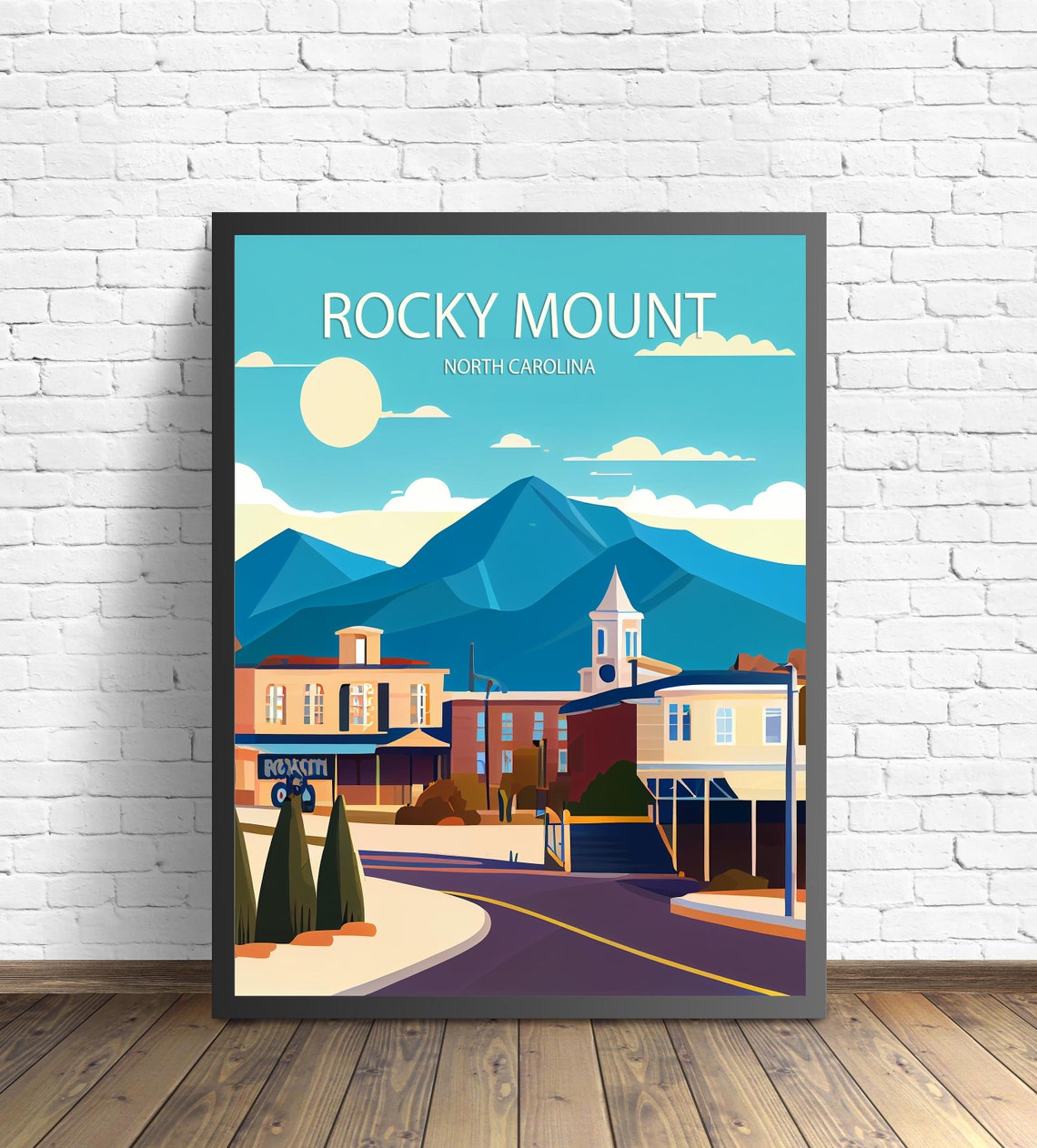 Rocky Mount North Carolina Poster with Downtown and Blue Ridge