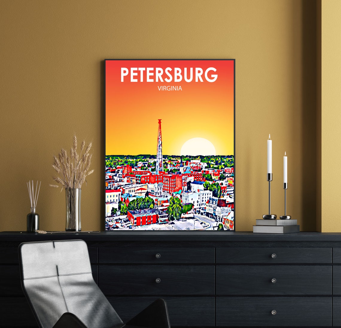 Petersburg Va Art Poster Virginia Sunset Landscape Poster Print Petersburg City Framed Wall Art Colorful Skyline Sketch Photo - Image 2