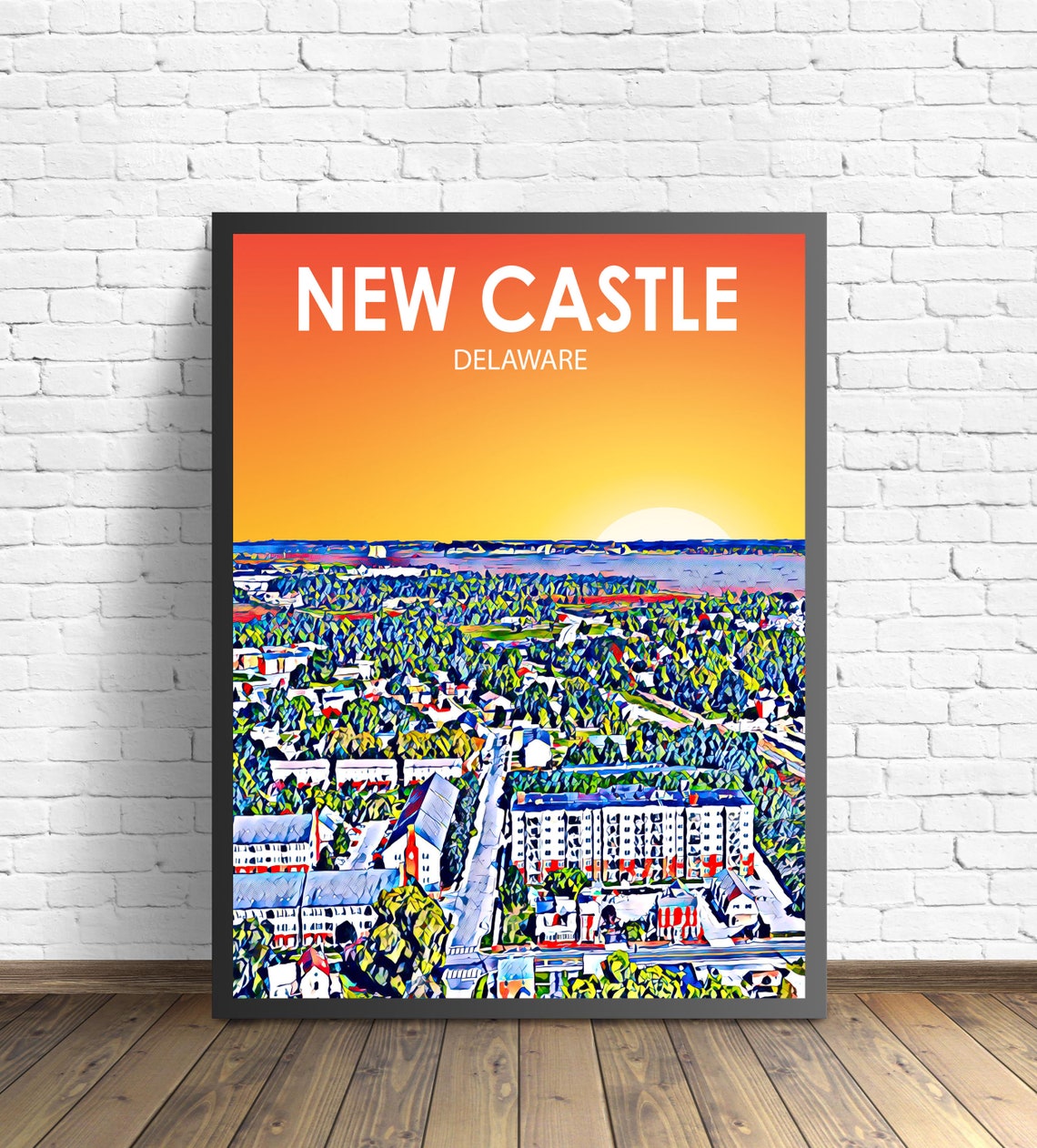 New Castle Delaware Colorful Sunset Skyline City Travel Poster