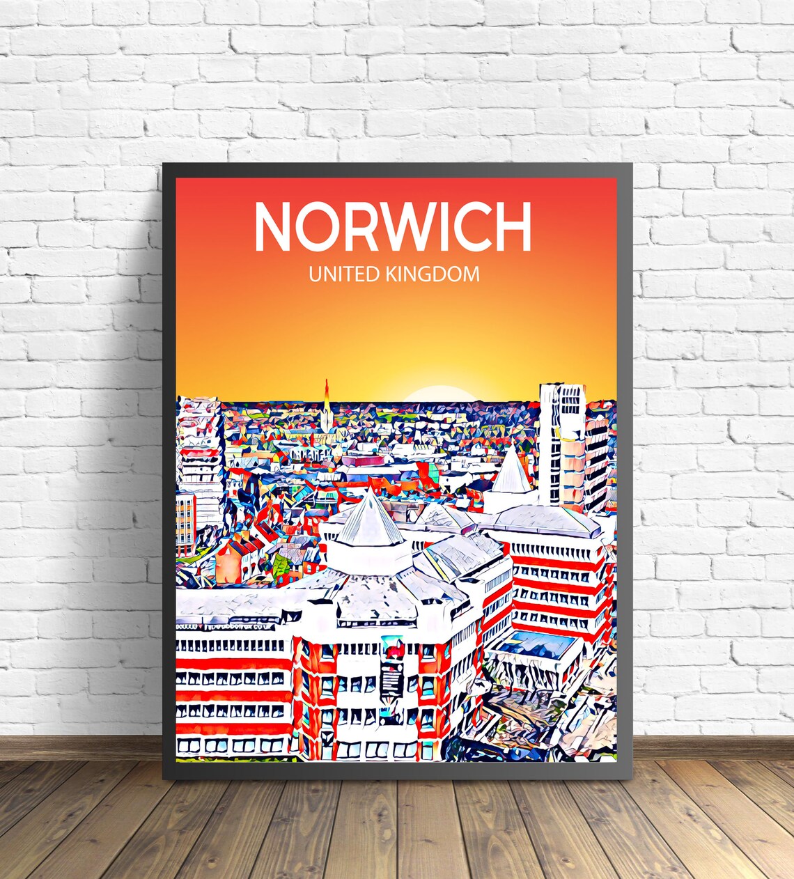 Norwich England City Center Sunset Skyline Panorama Travel Poster