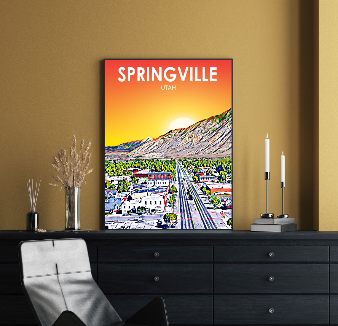 Springville Utah Sunset Main Street Mountain View Painted Art Poster - Image 2