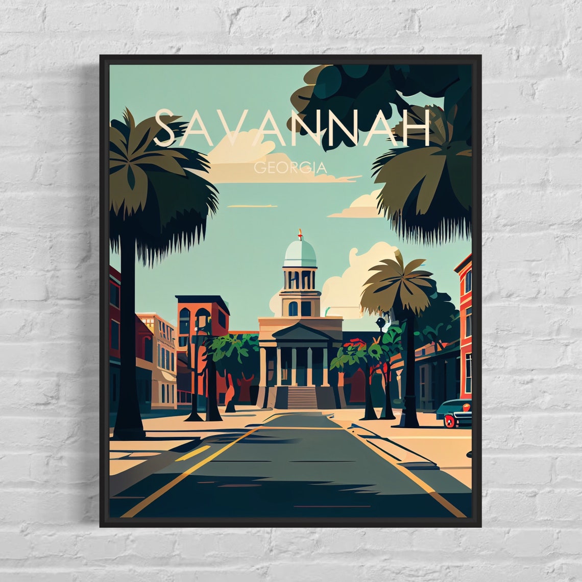 Savannah Georgia Palm Lined Street Historic Courthouse Poster