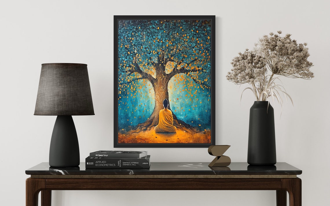 Monk Meditating Under Golden Bodhi Tree Tranquil Spiritual Wall Art - Image 2