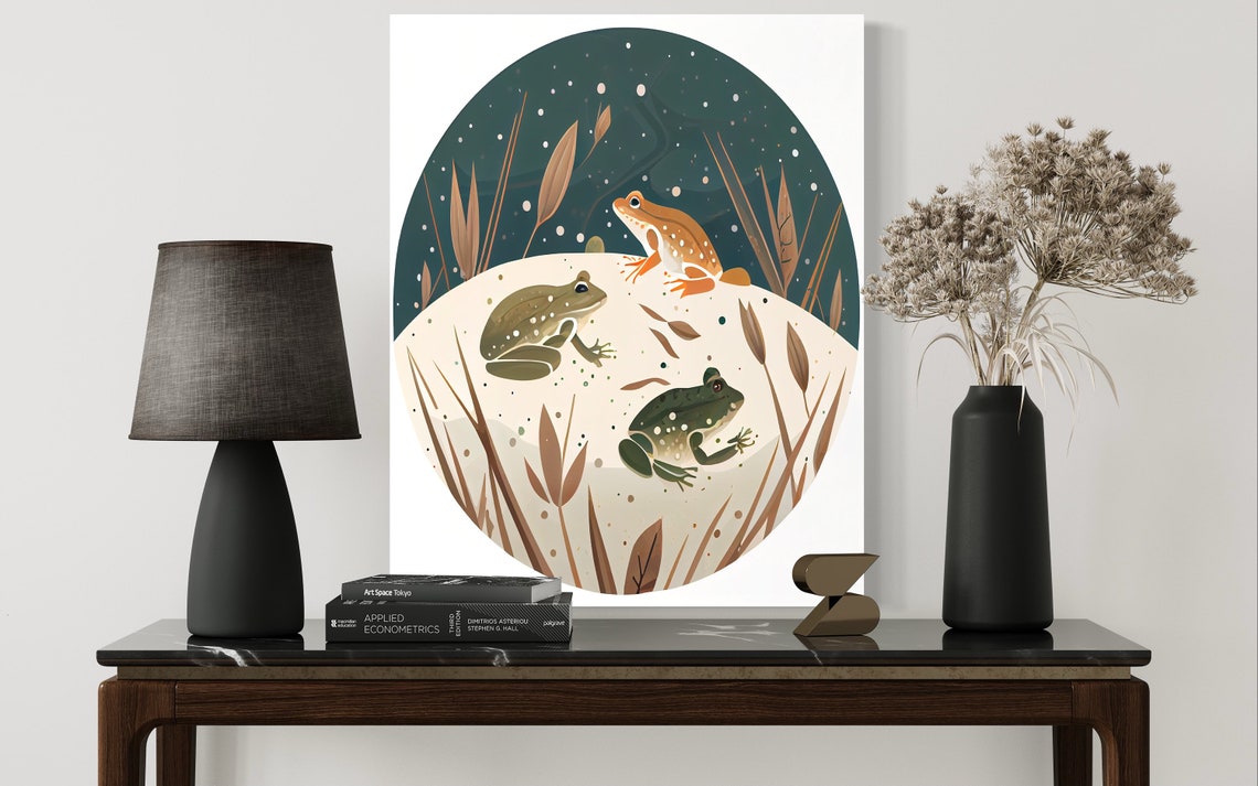 Three Frogs Resting on a Lily Pad at Night Circle Art Poster - Image 2
