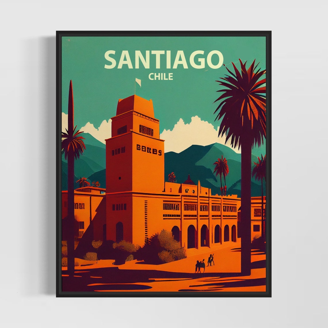 Santiago Chile Historic Orange Tower Andes Retro Travel Poster