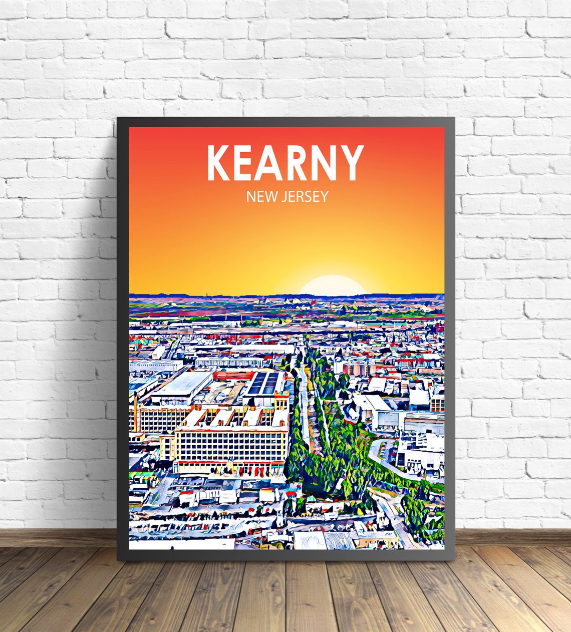 Kearny New Jersey Colorful Sunset Skyline City Travel Poster