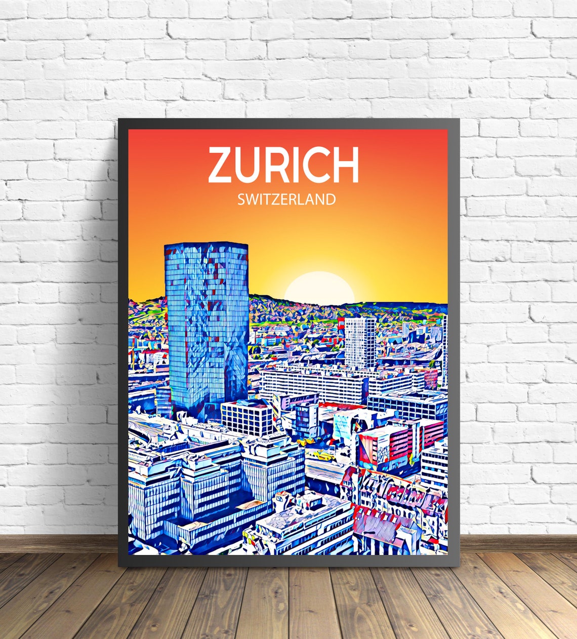 Zurich Switzerland Sunset Cityscape Panorama Pop Art Travel Poster
