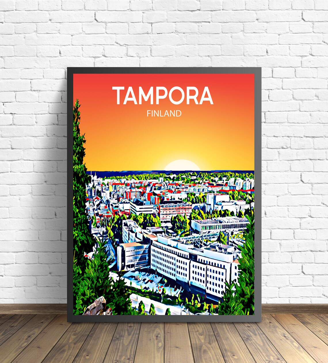 Tampora Finland Sunset Skyline Colorful City Art Poster Design