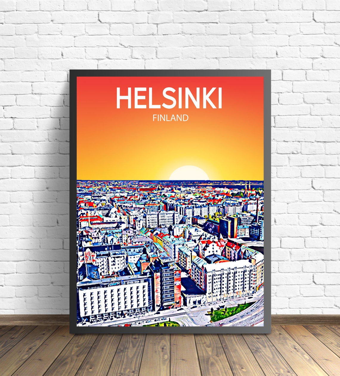 Helsinki Finland Sunset Skyline Vibrant Mosaic Cityscape Art Poster