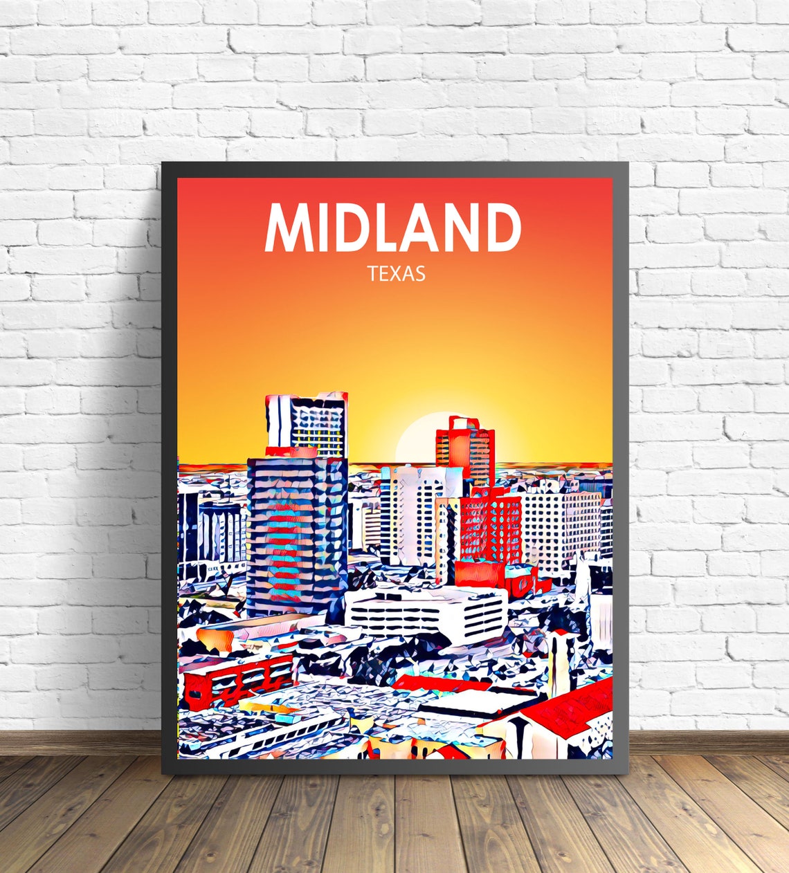 Midland Texas Sunset Downtown Skyline Colorful Sketch Poster