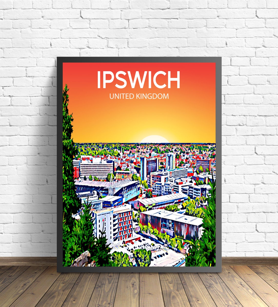 Ipswich United Kingdom Sunset Aerial City View Painted Skyline Poster