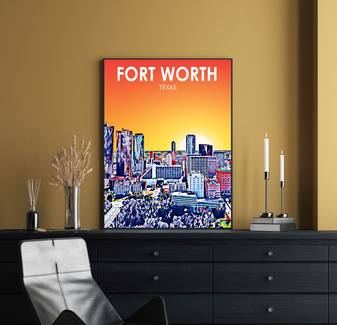 Fort Worth Texas Art Poster Sunset Landscape Poster Print Fort Worth City Wall Art United States Colorful Skyline Sketch Photo - Image 2