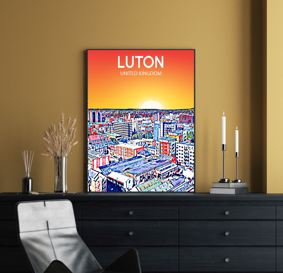 Luton England Town Center Red Rooftops Sunset Skyline Art Poster - Image 2