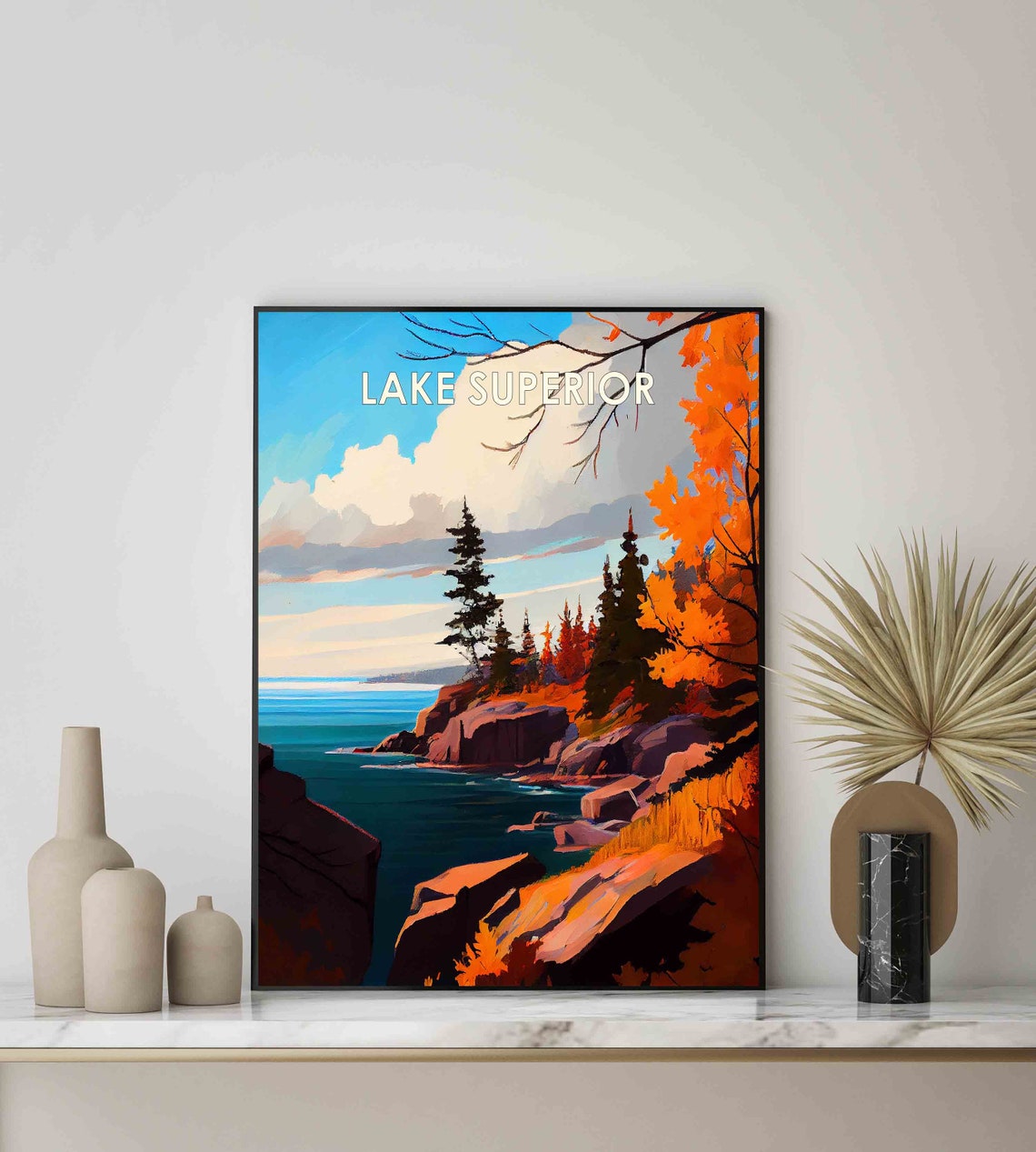 Lake Superior Autumn Cliff Rocky Coast Golden Foliage Vintage Poster - Image 2
