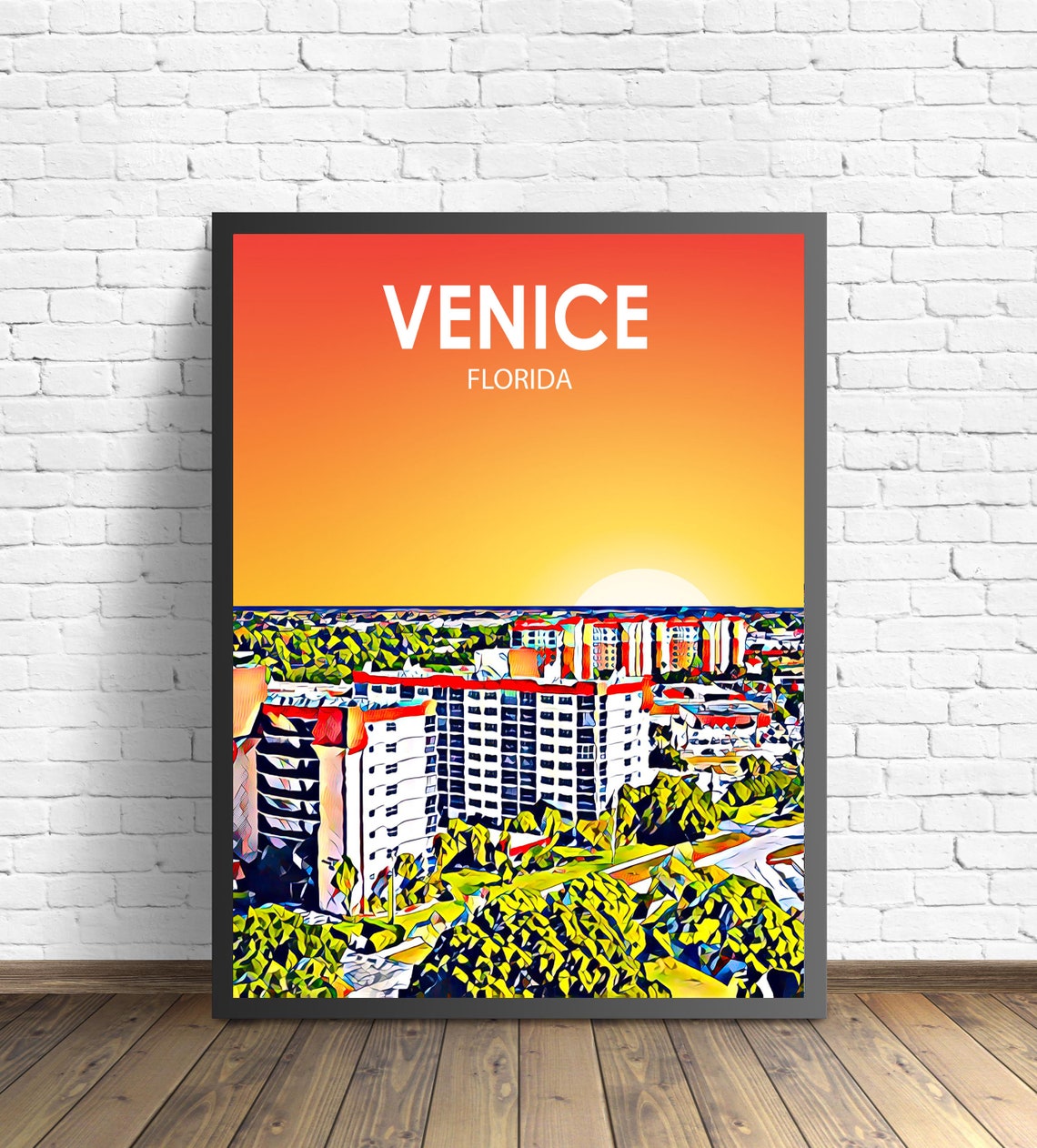 Venice Florida Sunset Residential Skyline Painted Artwork Poster