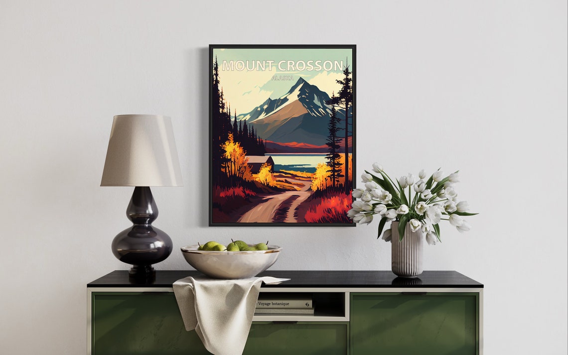 Mount Crosson Alaska Autumn Mountain Lake Cabin Wilderness Poster - Image 3