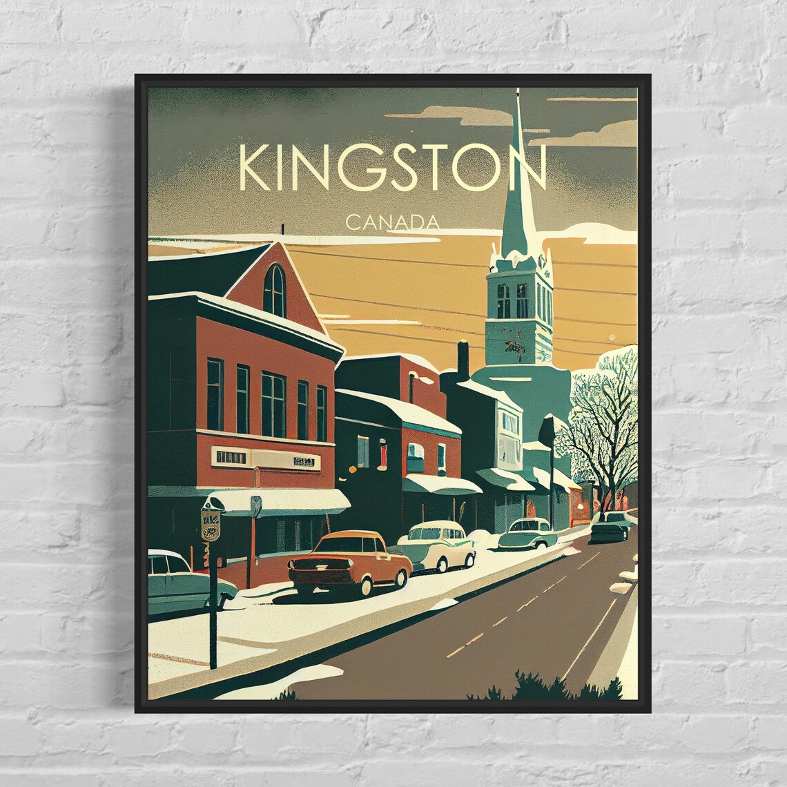 Kingston Canada Snowy Main Street Church Spire Retro Travel Poster