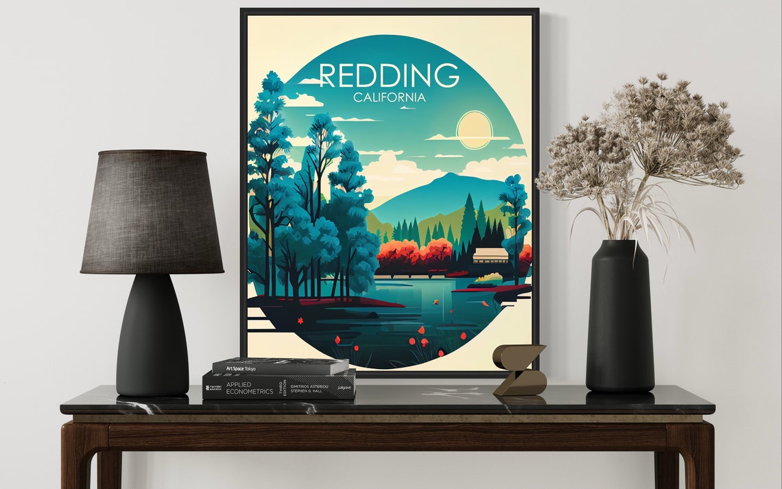 Redding California Circular Art Deco Pine Lake Sunset Poster - Image 3