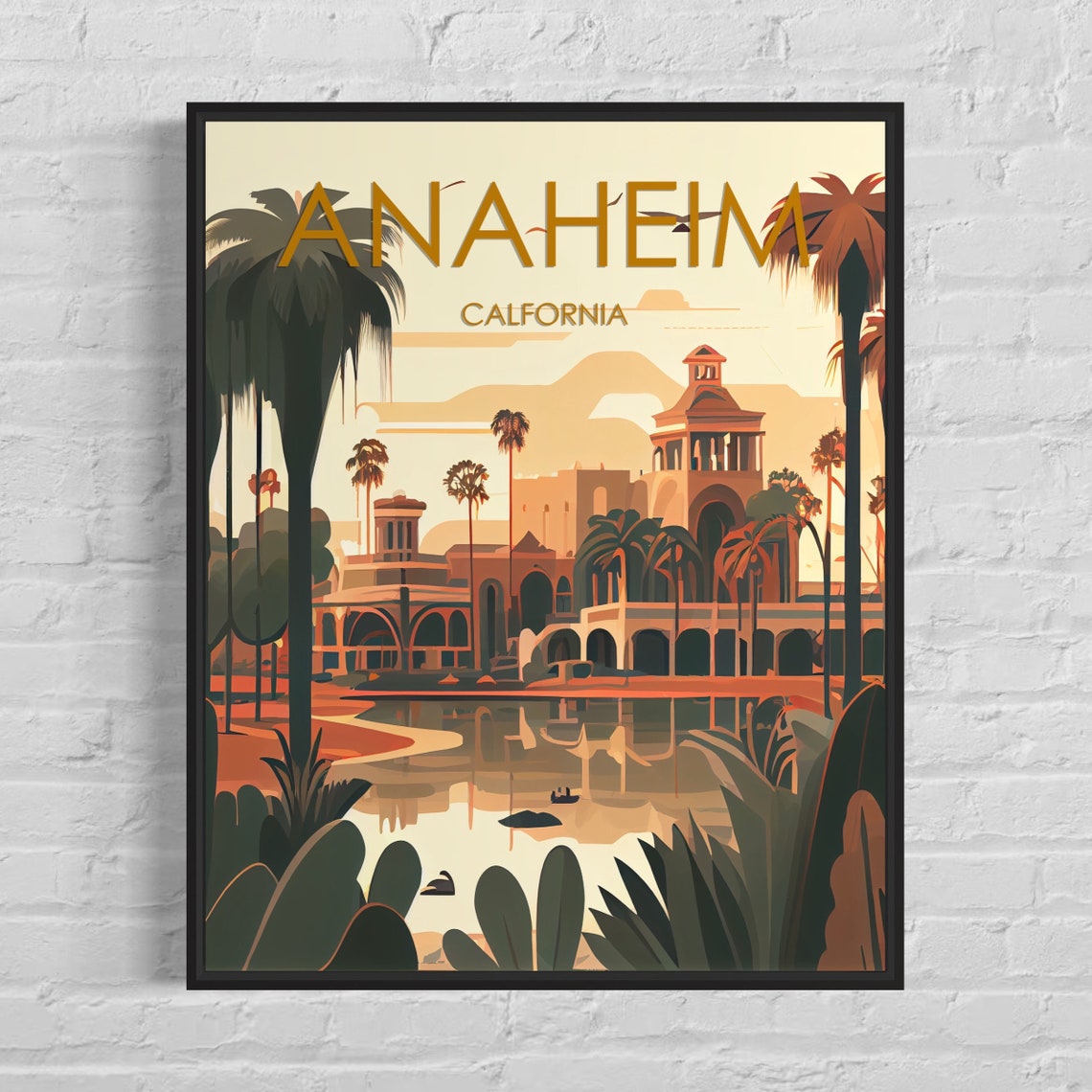 Anaheim California Palm Trees Mission Sunset Retro Travel Poster
