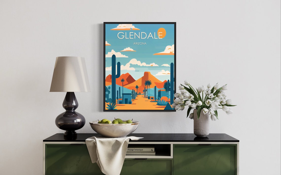 Glendale Arizona Desert Road Poster with Saguaros and Red Mesas - Image 2