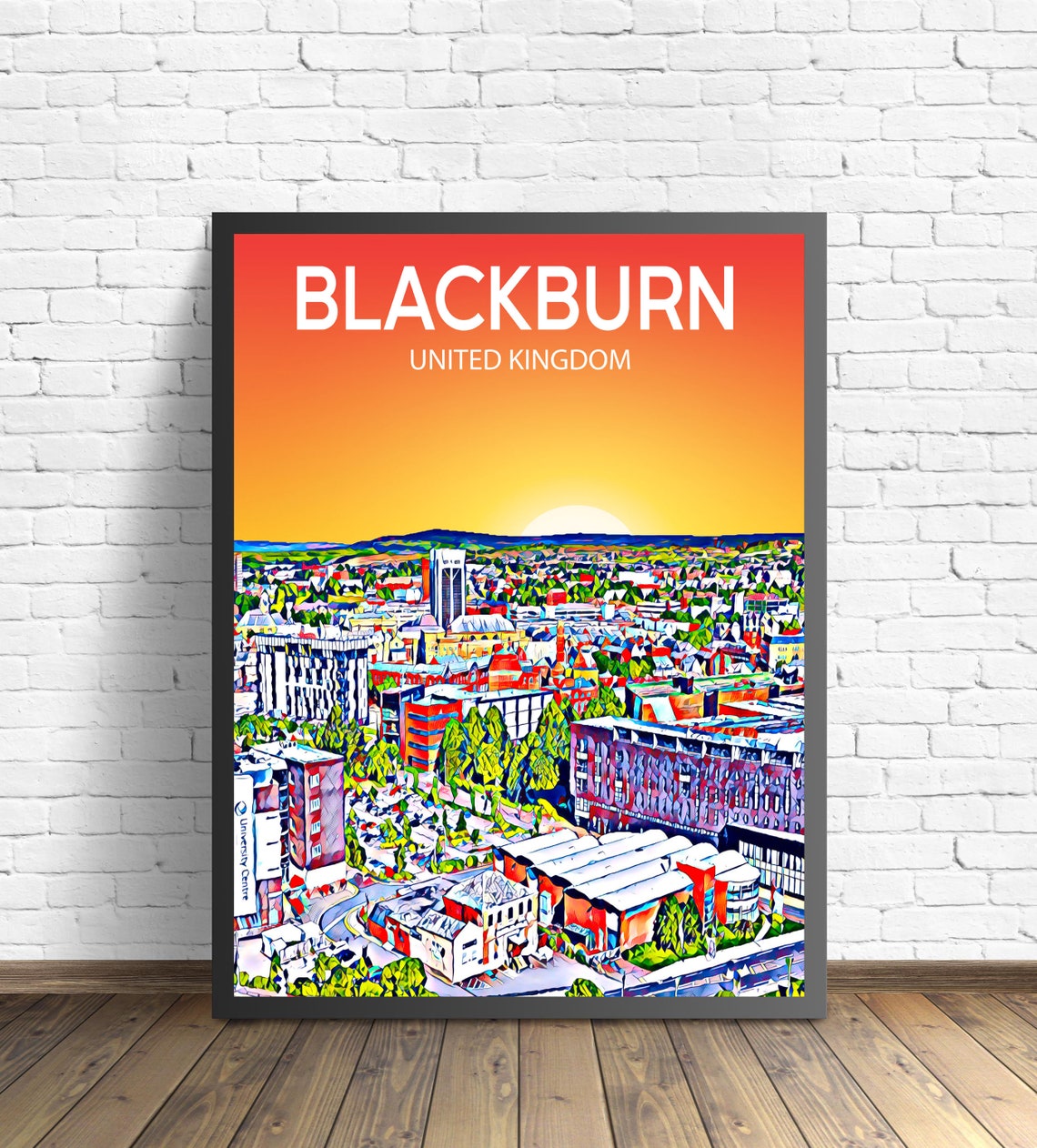 Blackburn United Kingdom Sunset Skyline Art Travel Poster Gift