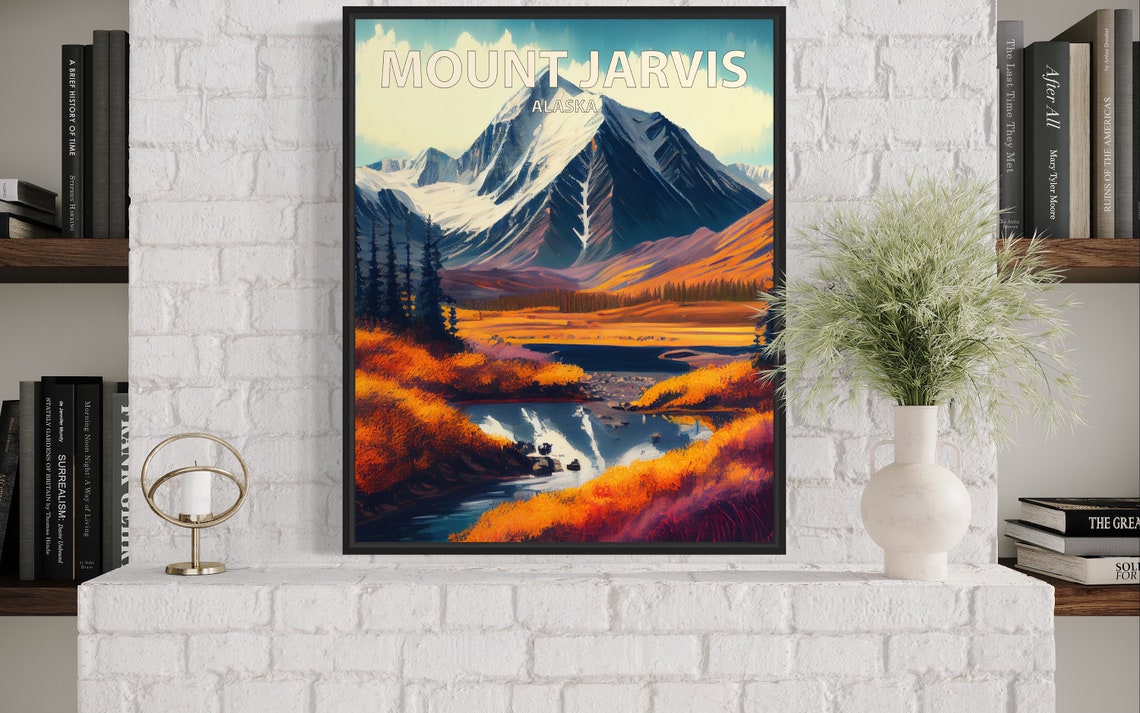 Mount Jarvis Alaska Snowy Glacier Peak Mirror Lake Autumn Retro Poster - Image 2