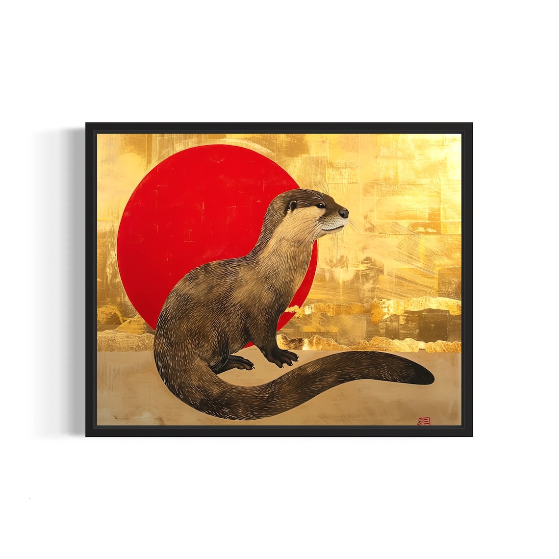 Otter Sitting Before Red Sun Gold Leaf Wildlife Portrait Art Poster