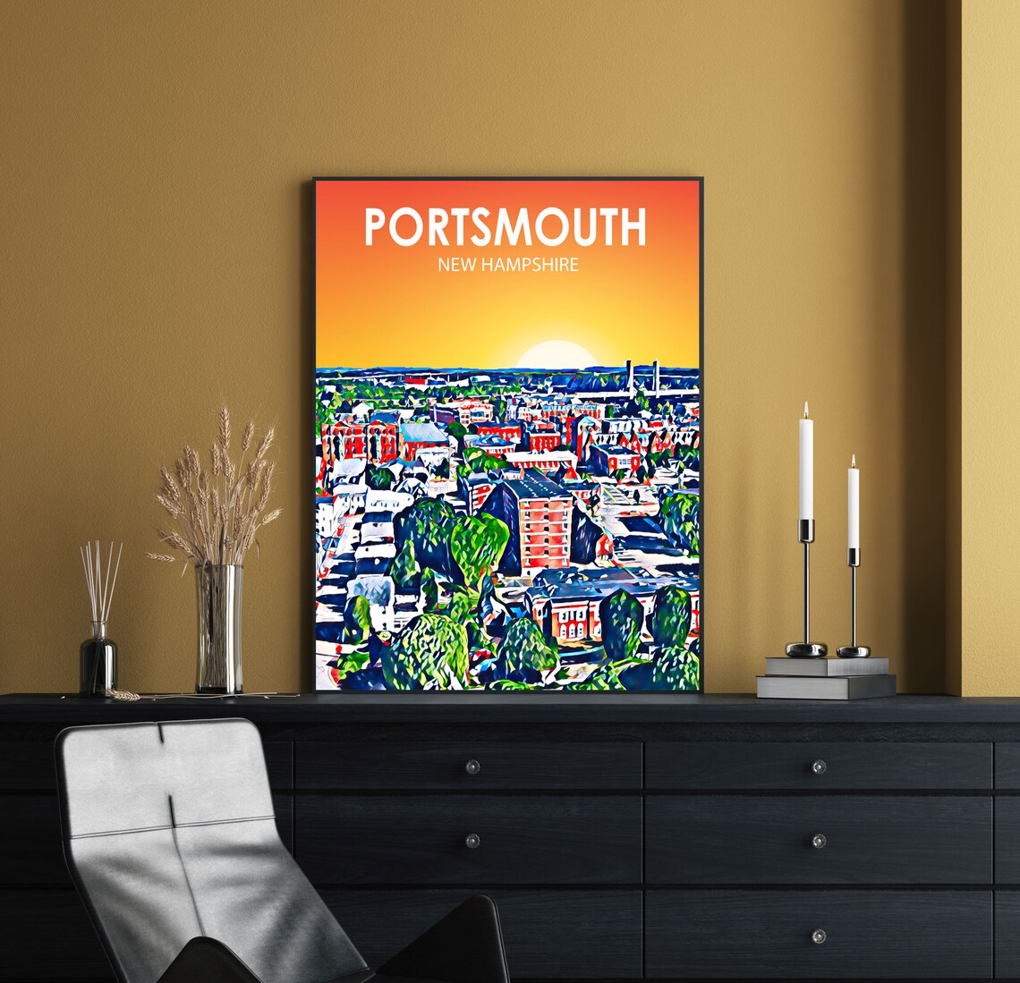 Portsmouth New Hampshire Sunset Cityscape Bridge Painted Art Poster - Image 2