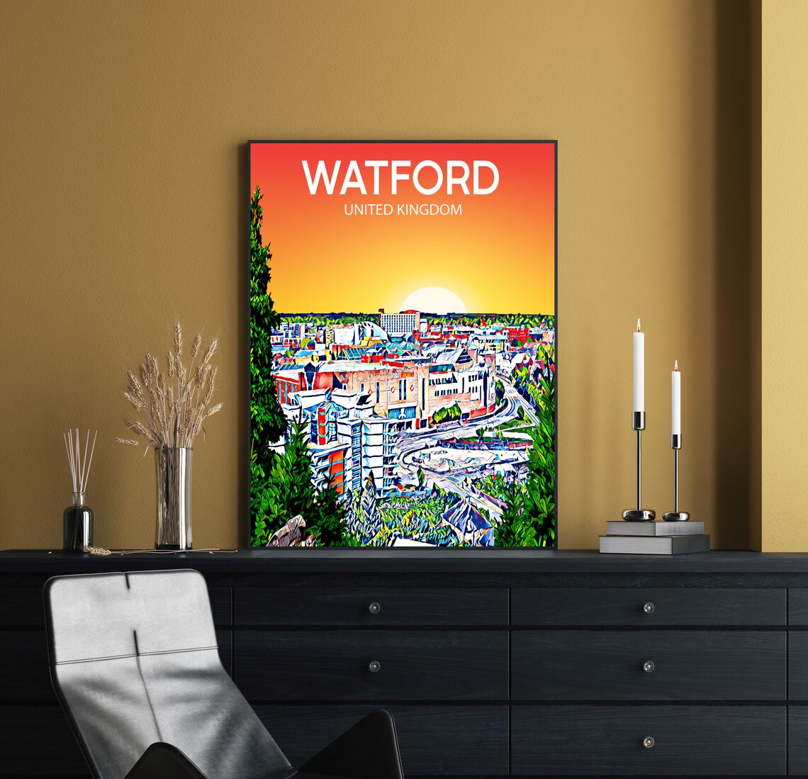 Watford England Sunset Skyline City Panorama Pop Art Travel Poster - Image 2