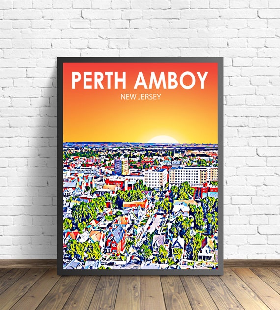 Perth Amboy Nj Art Poster New Jersey Sunset Landscape Poster Print Perth Amboy City Wall Art Colorful Skyline Sketch Photo