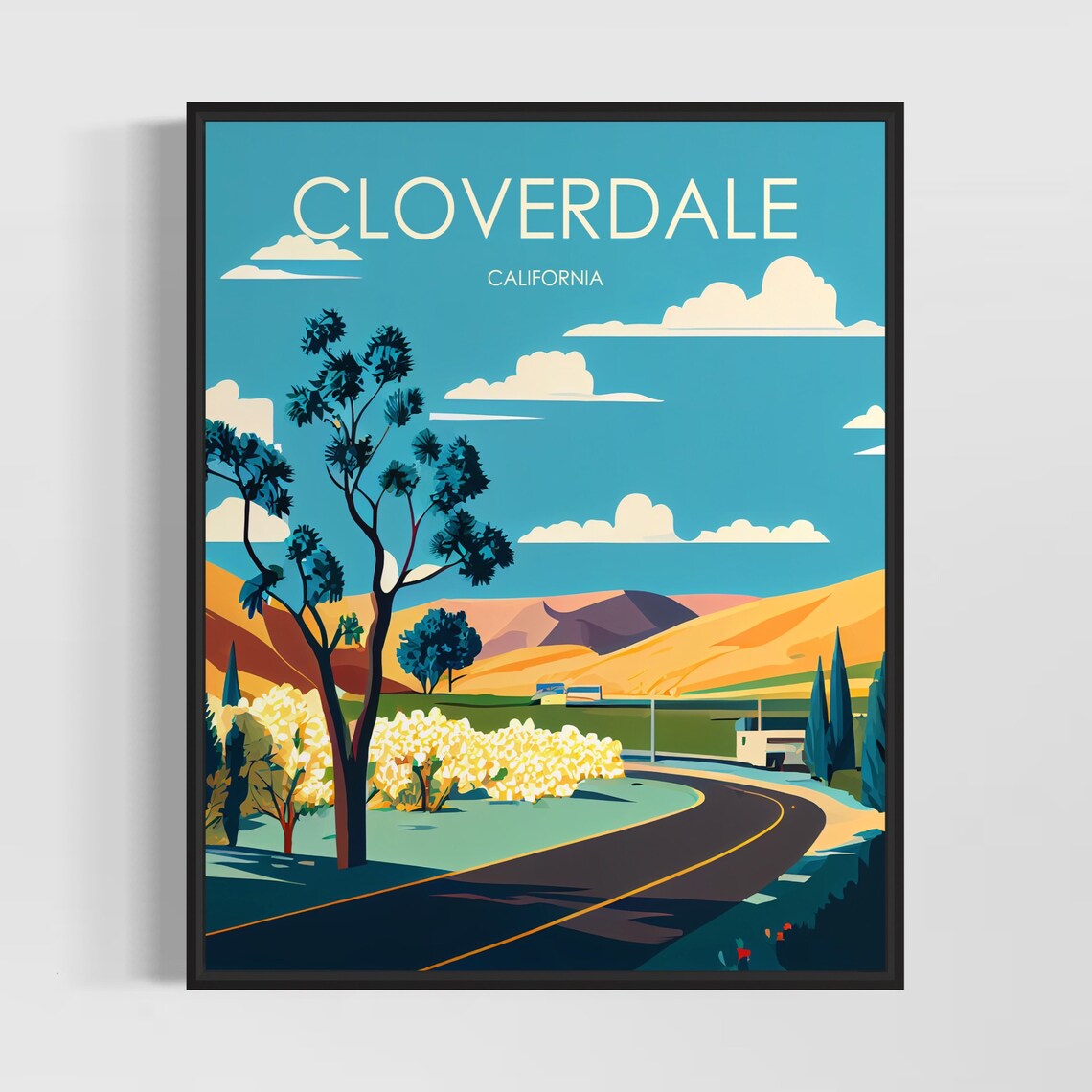 Cloverdale California Vintage Countryside Road Scenic Travel Poster