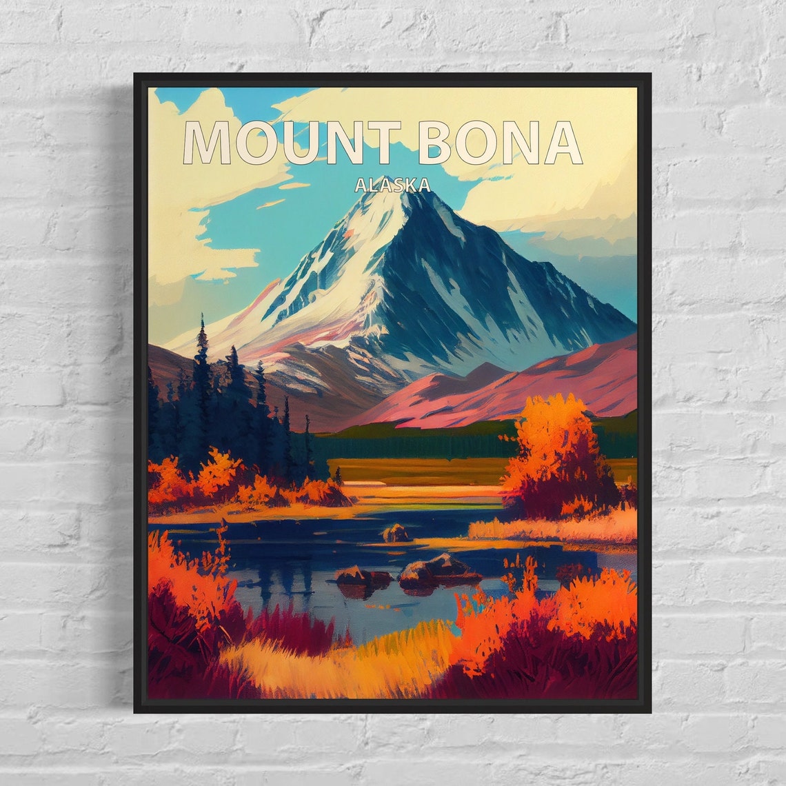 Mount Bona Alaska Snowy Summit River Valley Fall Retro Travel Poster