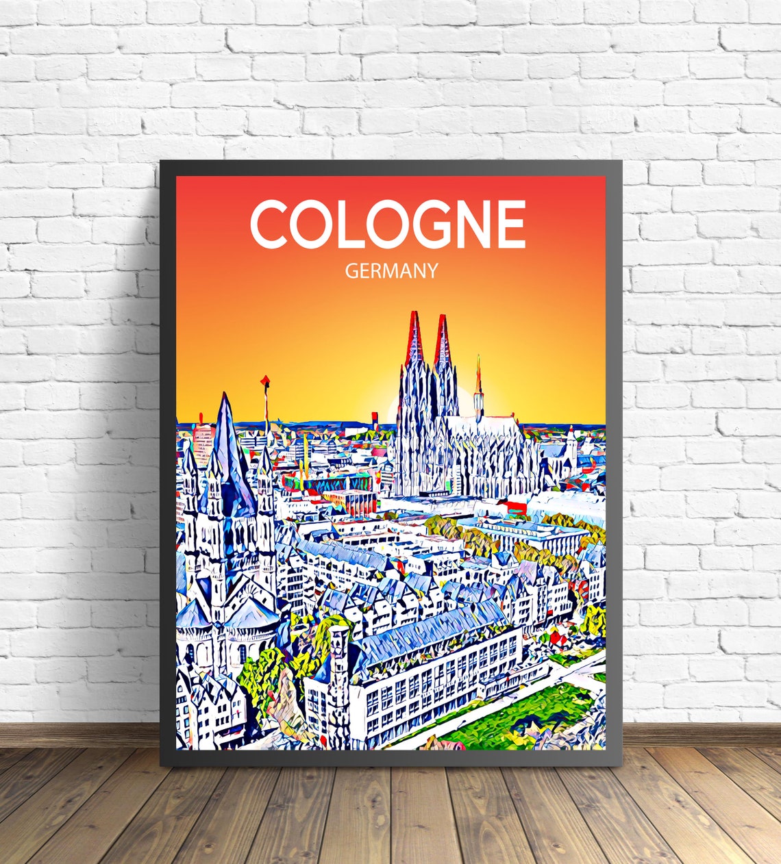 Cologne Germany Sunset Cathedral Twin Spires Colorful Skyline Poster