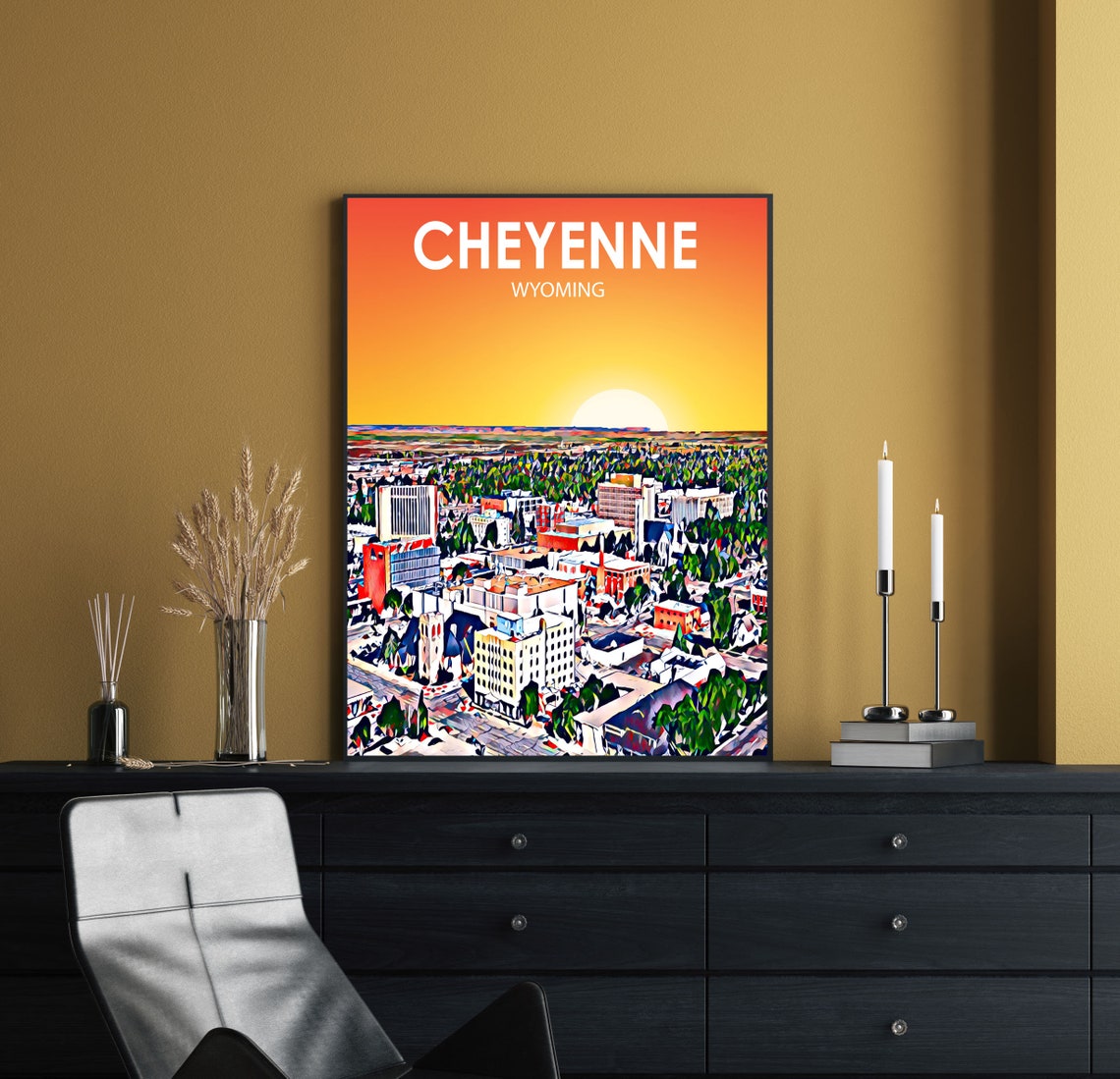 Cheyenne Wyoming Sunset Downtown Colorful Aerial Skyline Poster - Image 2