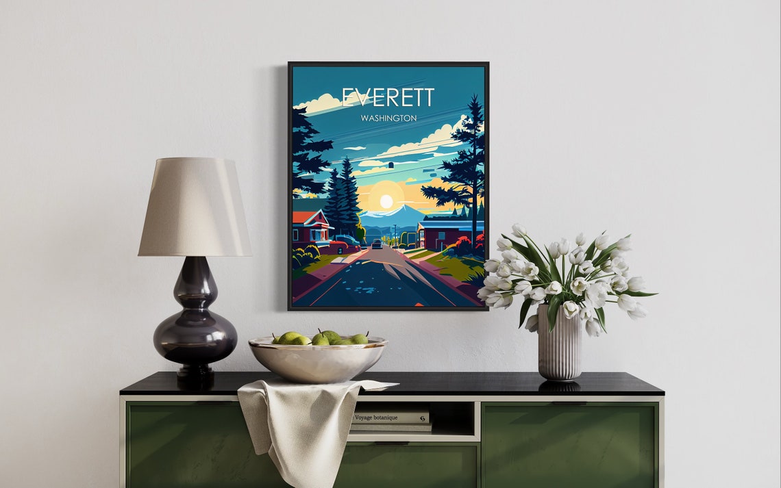 Everett Washington Mountain Sunset Suburban Street Travel Poster - Image 3