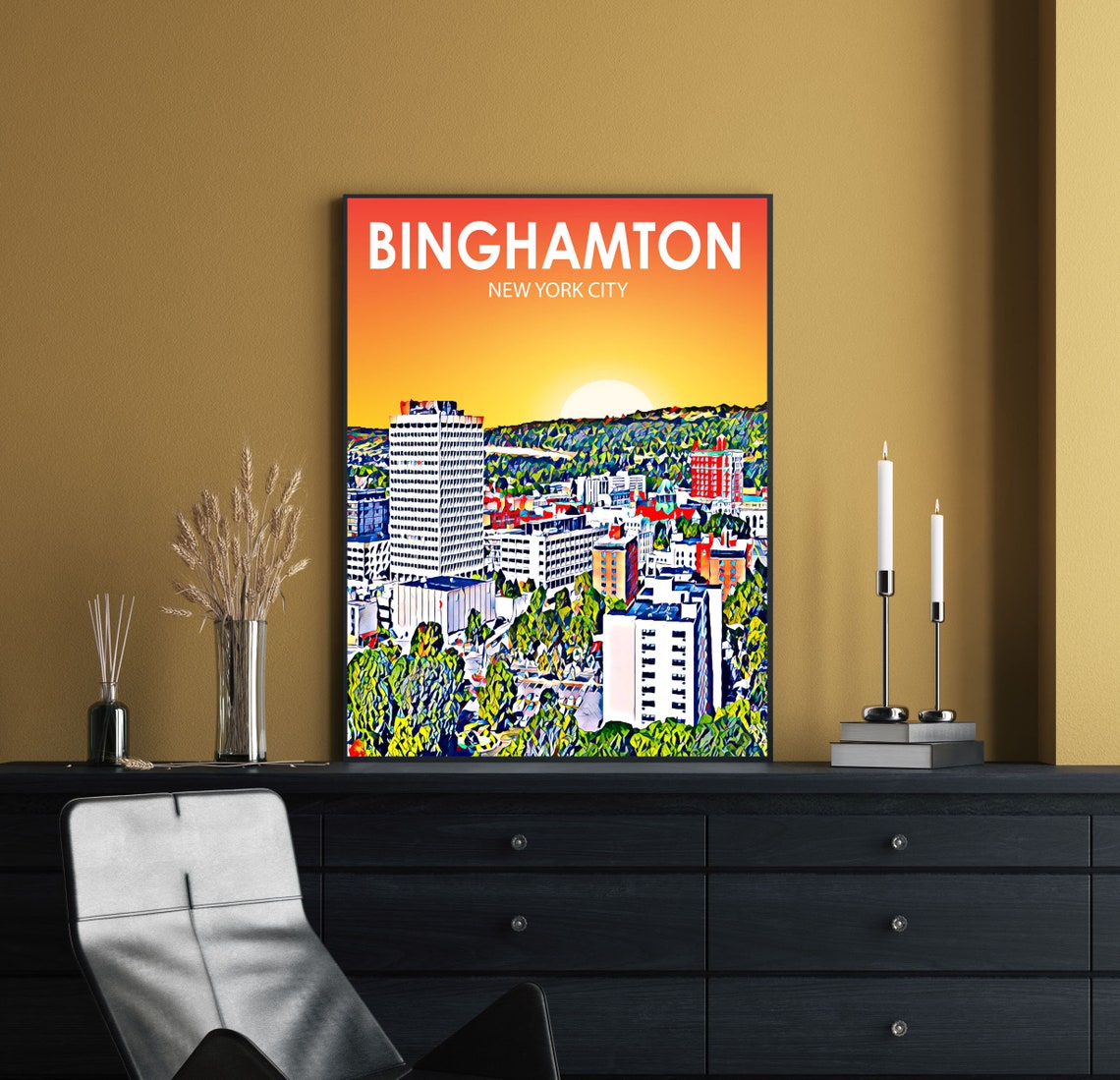 Binghamton New York City Sunset Downtown Colorful Skyline Poster - Image 2