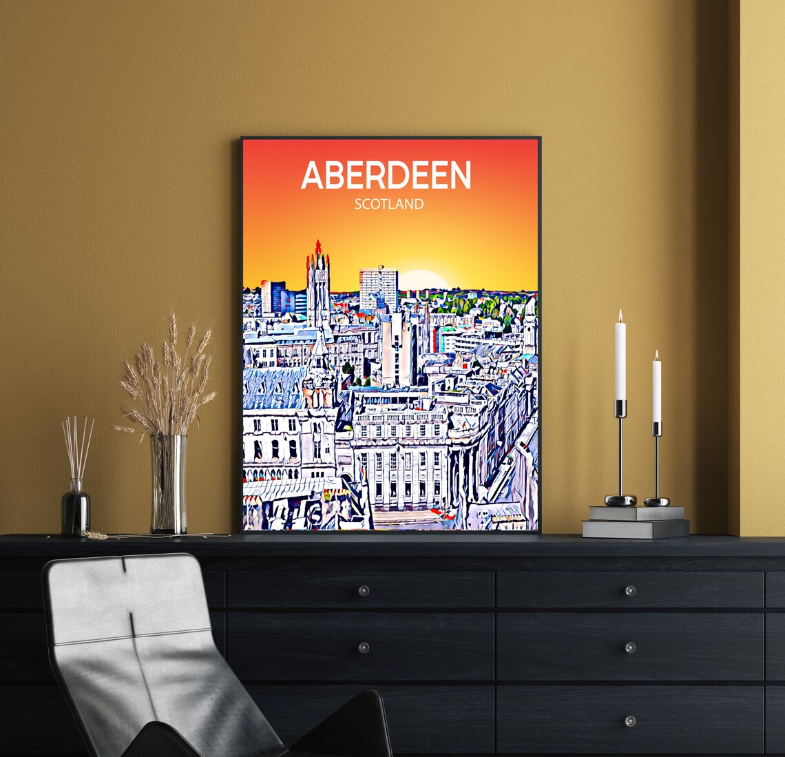 Aberdeen Scotland Sunset Skyline Sketch Art Travel Poster Gift - Image 2