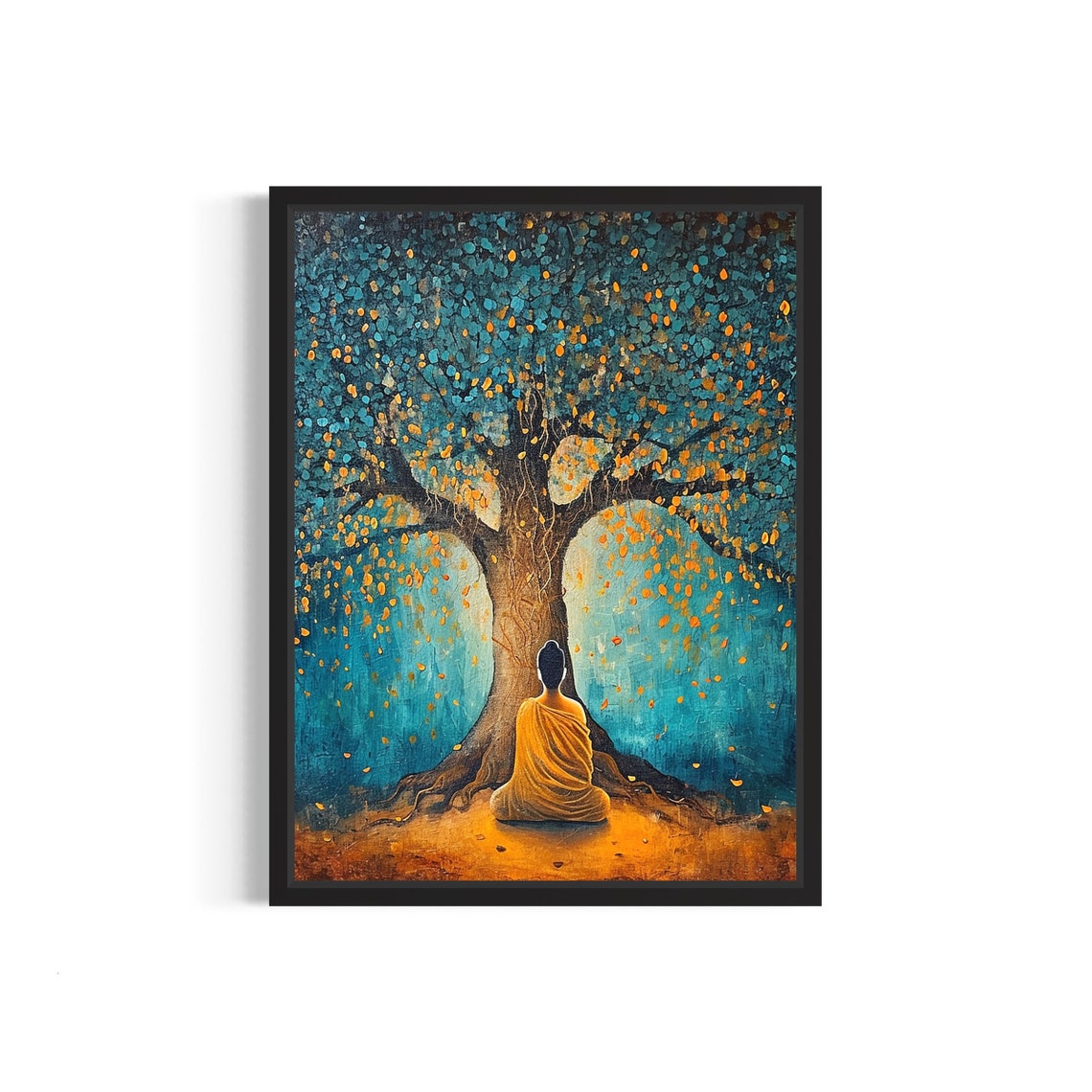 Monk Meditating Under Golden Bodhi Tree Tranquil Spiritual Wall Art