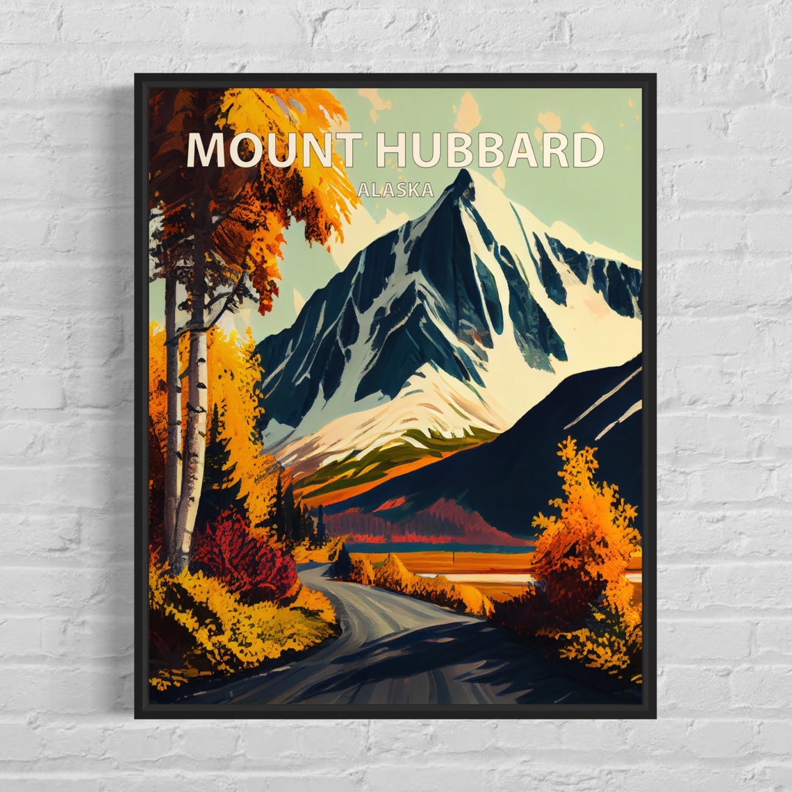 Mount Hubbard Alaska Winding Mountain Road Autumn Retro Travel Poster