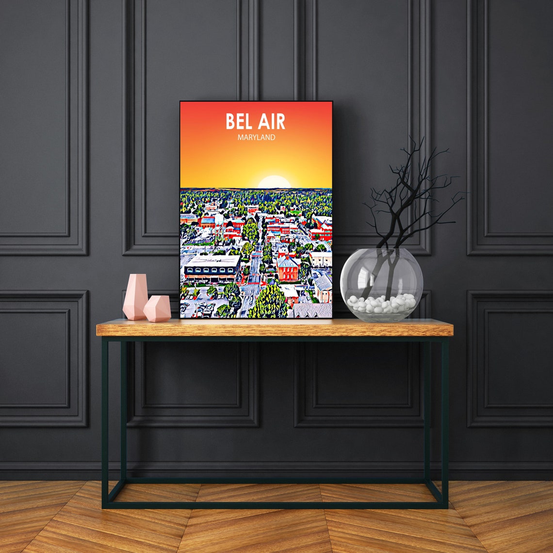 Bel Air Maryland Sunset Downtown Colorful Aerial Skyline Poster - Image 3