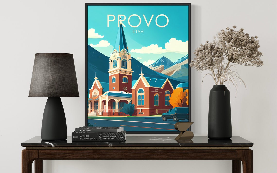 Provo Utah Historic Church Mountain Backdrop Vintage Art Poster - Image 2
