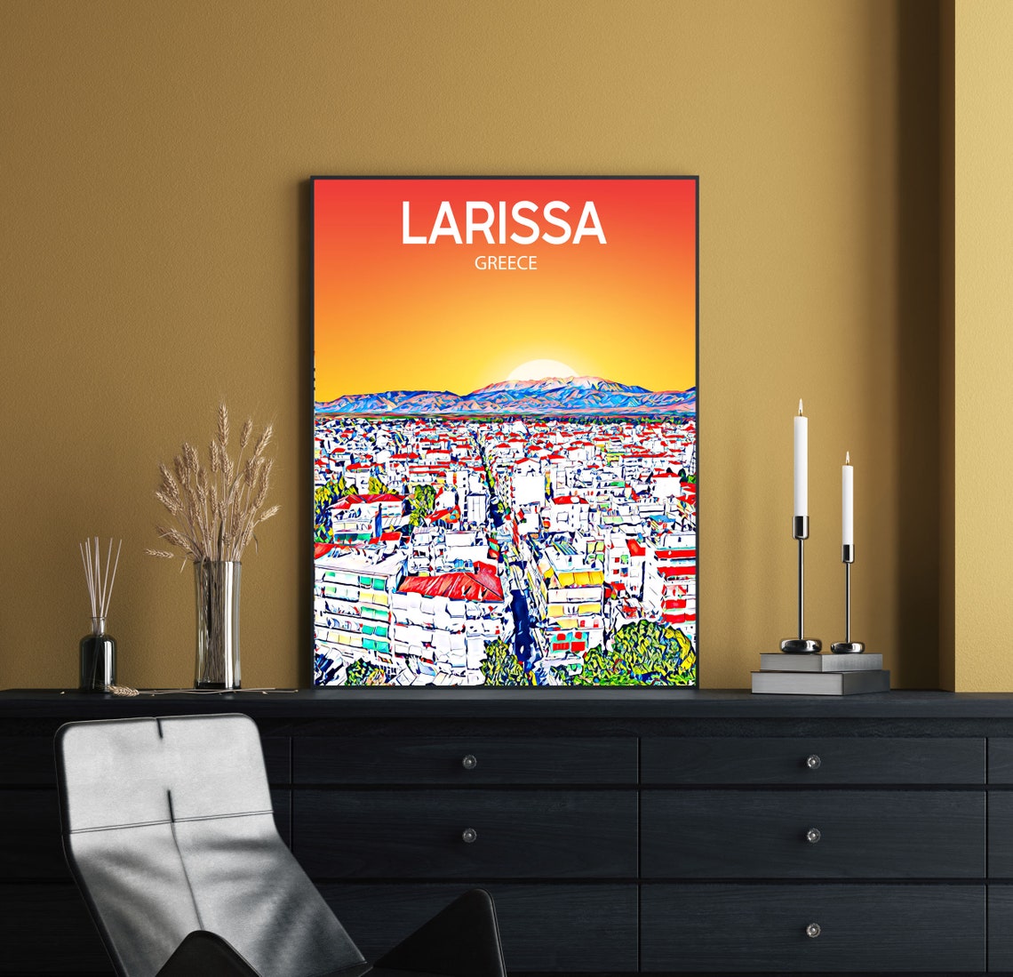 Larissa Greece Sunset Skyline Mountain View Travel Poster Art - Image 2