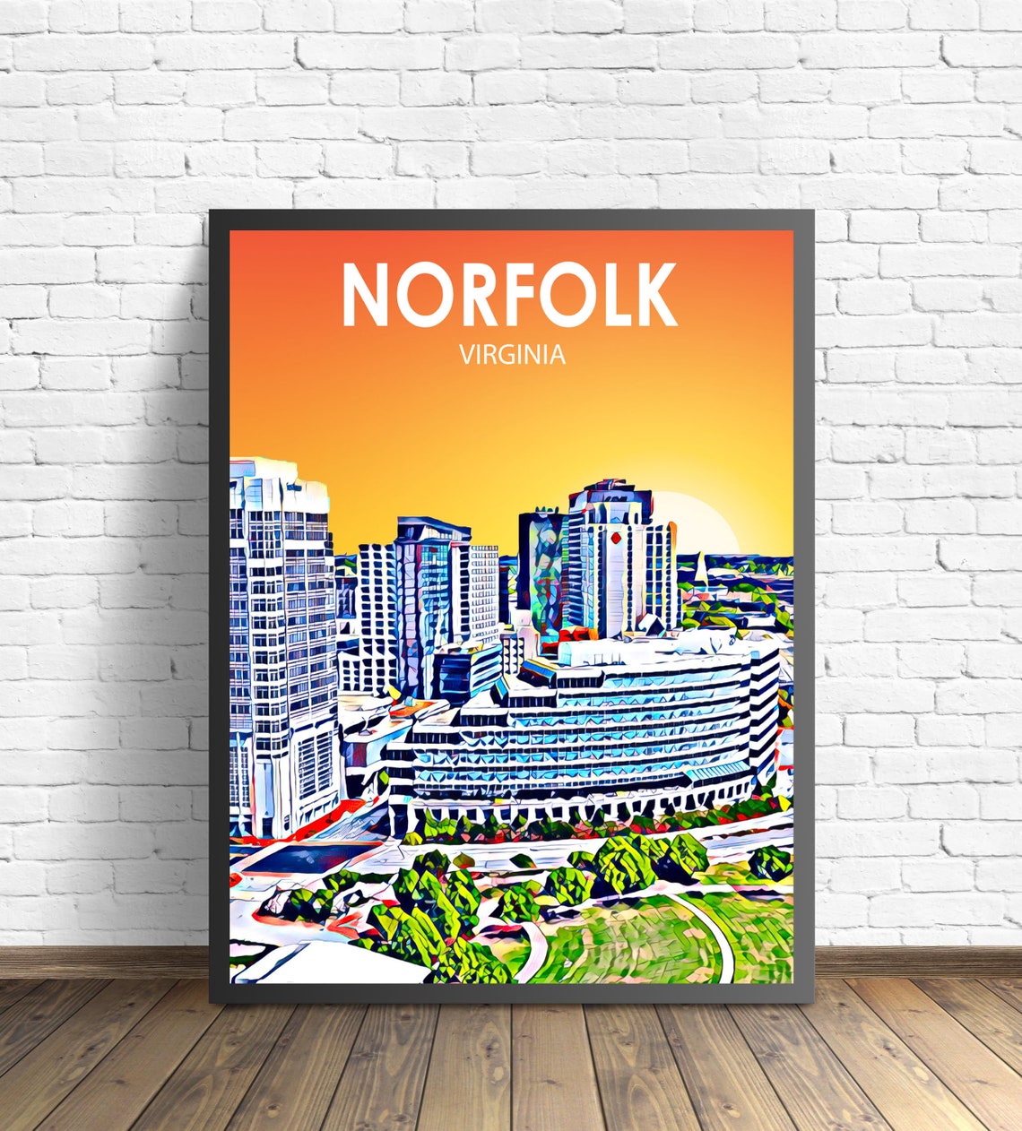 Norfolk Virginia Downtown Sunset Vibrant Skyline Sketch Poster