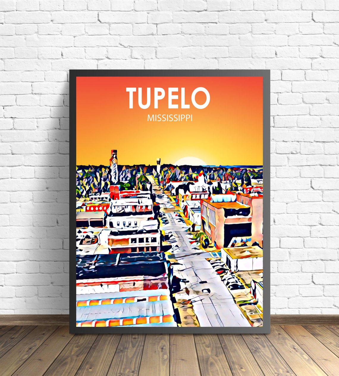 Tupelo Mississippi Sunset Downtown Aerial Cityscape Travel Poster