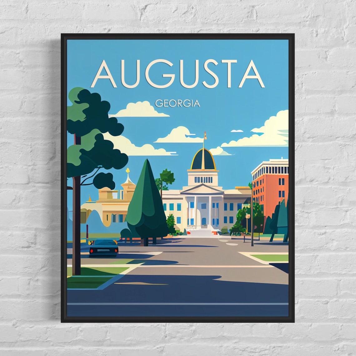 Augusta Georgia Domed Civic Building Tree Lined Street Travel Poster