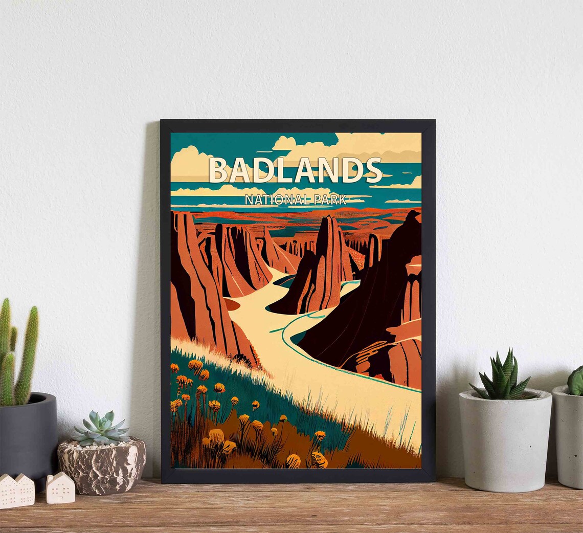 Badlands National Park Retro Canyon Overlook Wildflower Travel Poster - Image 3