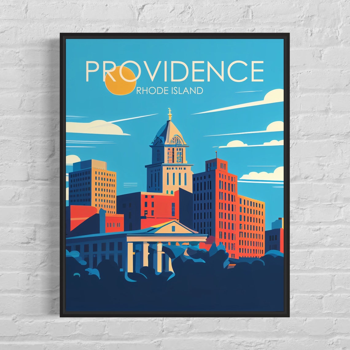Providence Rhode Island Skyline Retro Downtown Vintage Travel Poster