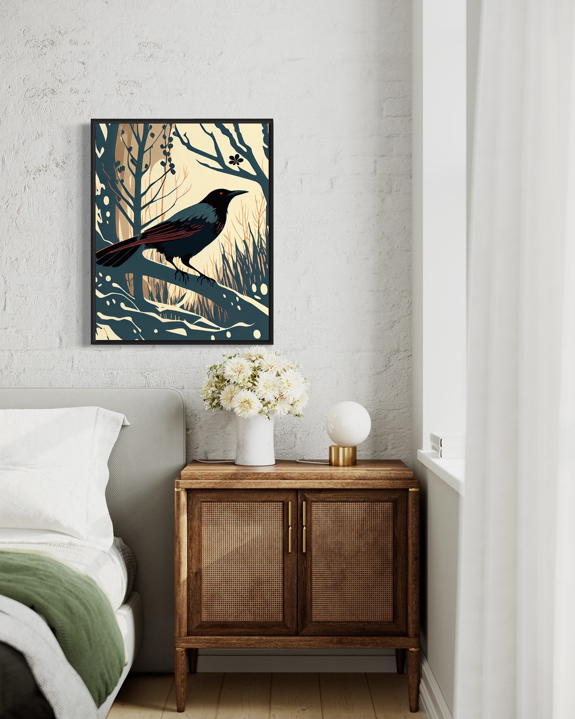 Black Crow Perched on Bare Winter Branch Vintage Bird Art Print - Image 3