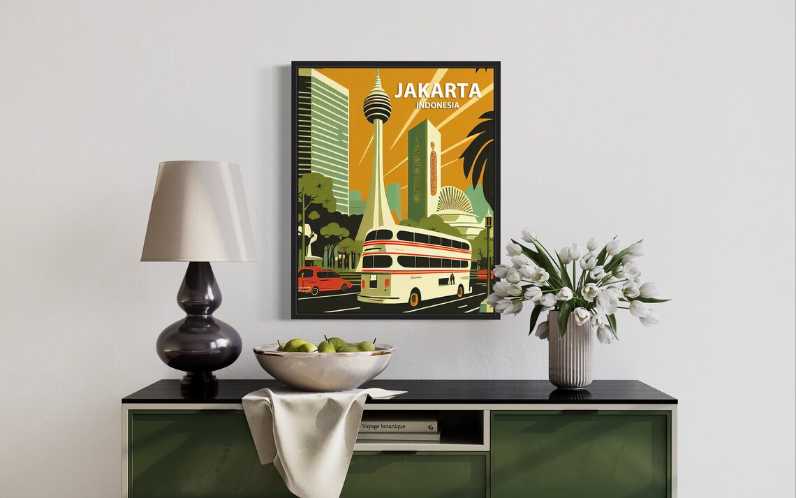 Jakarta Indonesia City Tower Double Decker Bus Retro Street Poster - Image 3